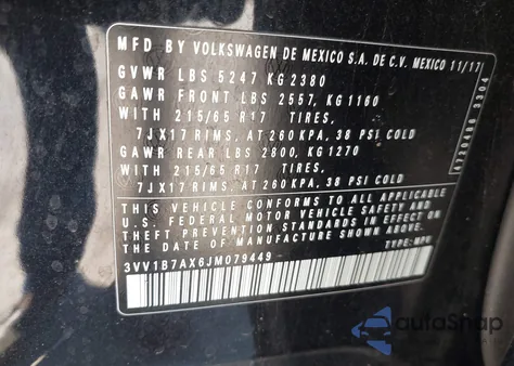 2018 Volkswagen Tiguan 2.0T S from USA, damaged, VIN 3VV1B7AX6JM079449